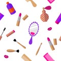 Seamless pattern: cosmetics and accessories in pink and beige color on a white background.